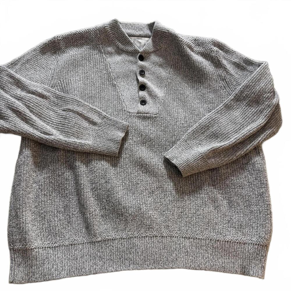 EDDIE BAUER Men's SZ XL Henley Button up Heather Gray Cotton Blend Sweater‎ VTG